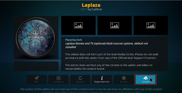 Hit the install button to install laplaza Addon on Kodi