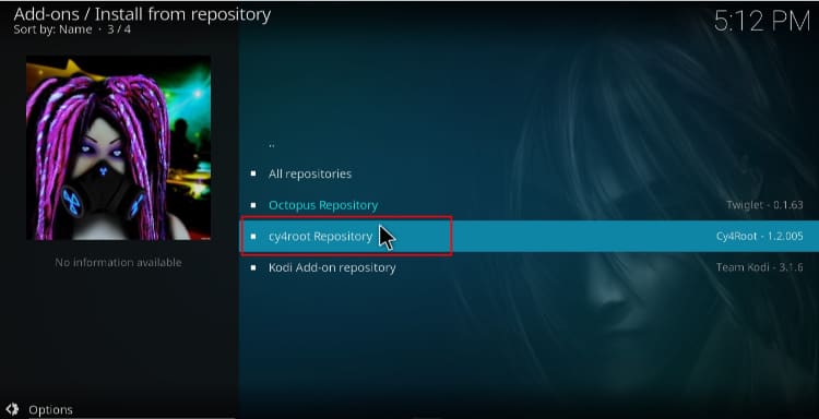 To install laplaza Addon on Kodi select the cy4root repository