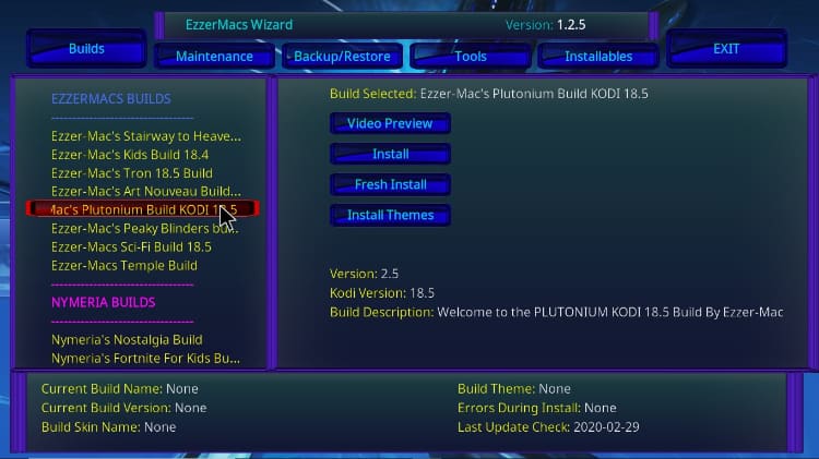 Find and click the Titanium Build from the EzzerMacs Wizard to install on Kodi