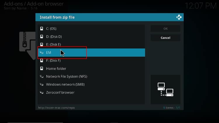 Find and select the source name corresponding to the EzzerMac download path on Kodi
