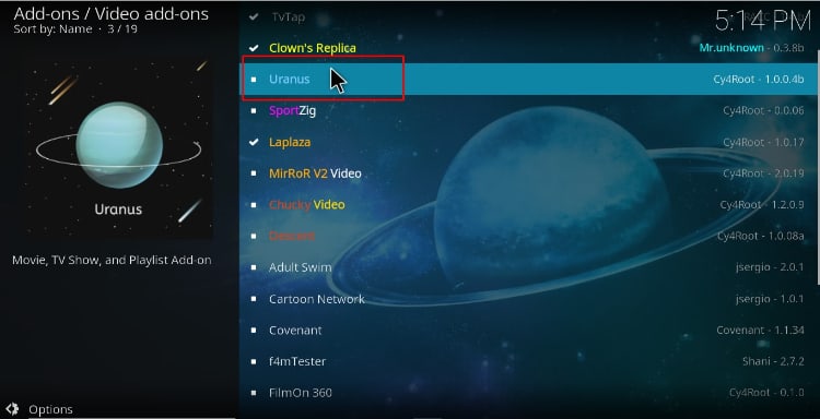 Select Uranus Addon to install on Kodi