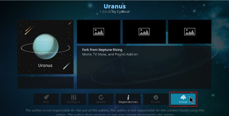 Hit the install button to proceed with the Uranus Addon installing on Kodi