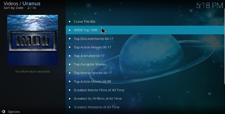 After the install, enjoy all the high quality streams supplied by Uranos Addon on Kodi