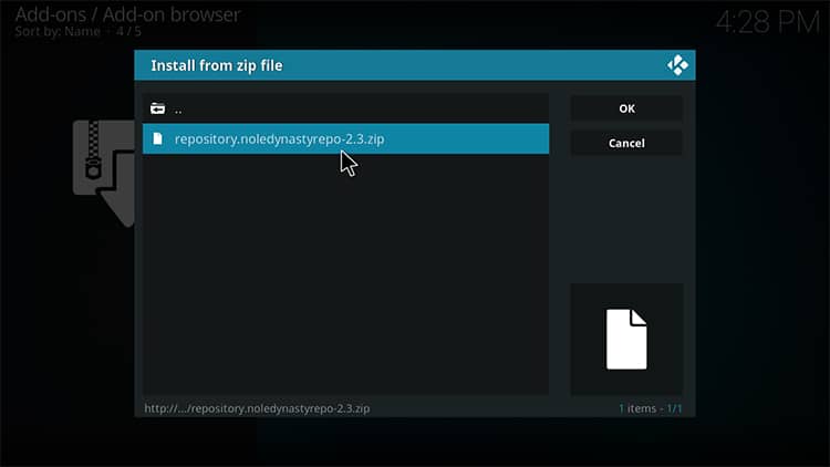 Select the most recent NoleDynasty repository zip file on Kodi