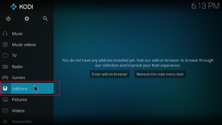 Select Add-ons from the left menu on Kodi homepage