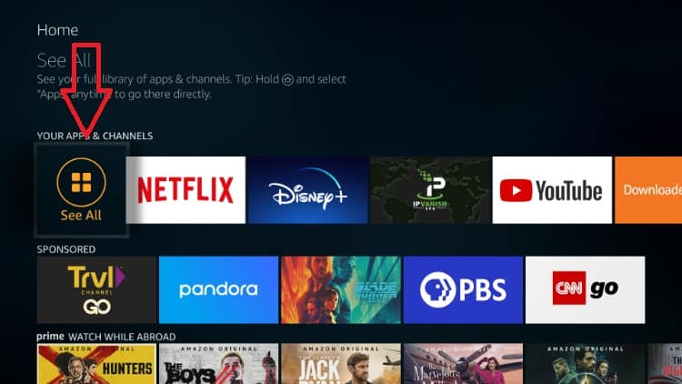 After the Popcorn Time install on your Firestick you'll find the streaming app on Your apps & channels menu