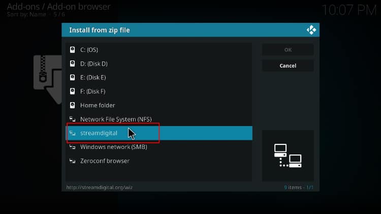 Select the source's name you gave previously for streamdigital repo download on Kodi