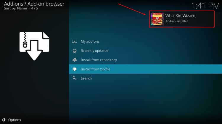 Wait for the successful Whyz Kid Wizard install message to pop-up on Kodi