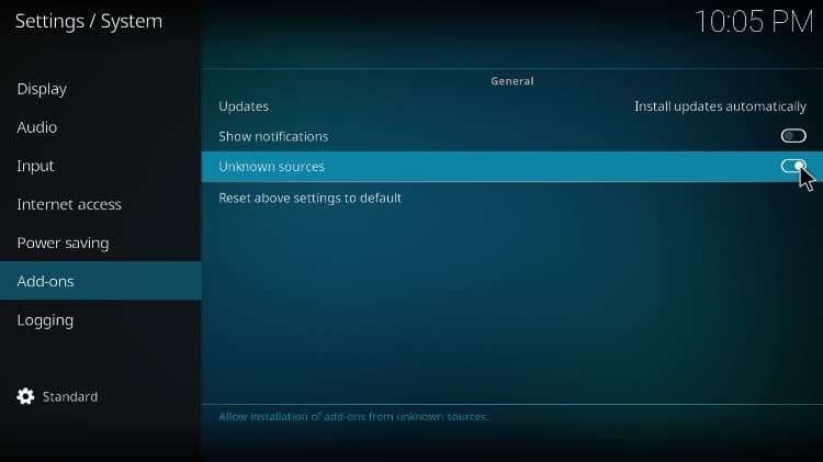 Enable unknown sources before the BK Nox Kodi Build install