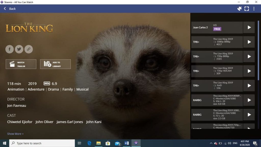 Stremio - The Lion King with multiple Streams Available