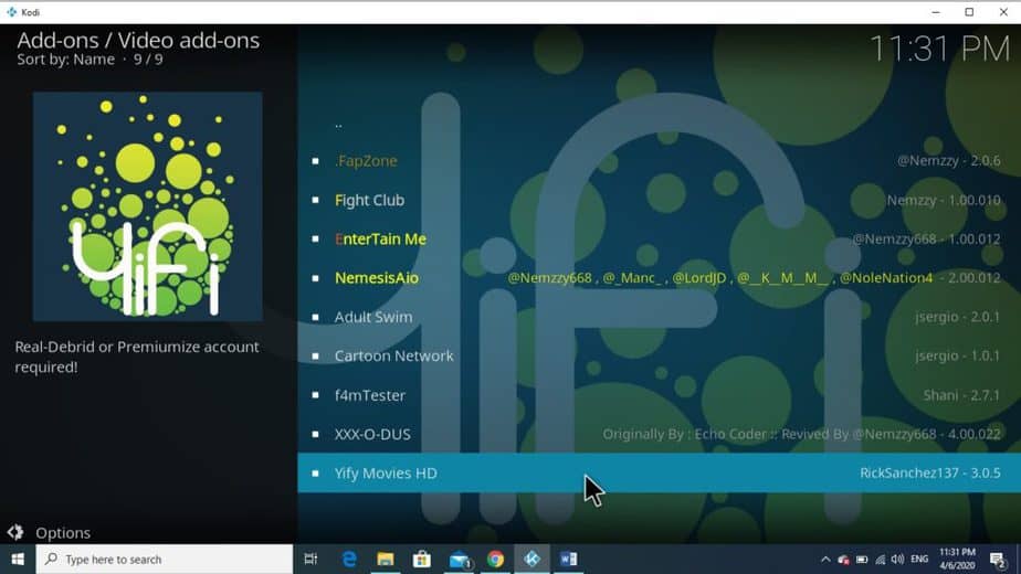 Yify Kodi addon requires a real-debrid or premiumize account to access links to HD movies