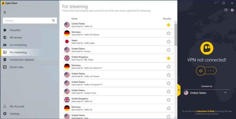 For Netflix, use the streaming option to select and change the country you are connecting from