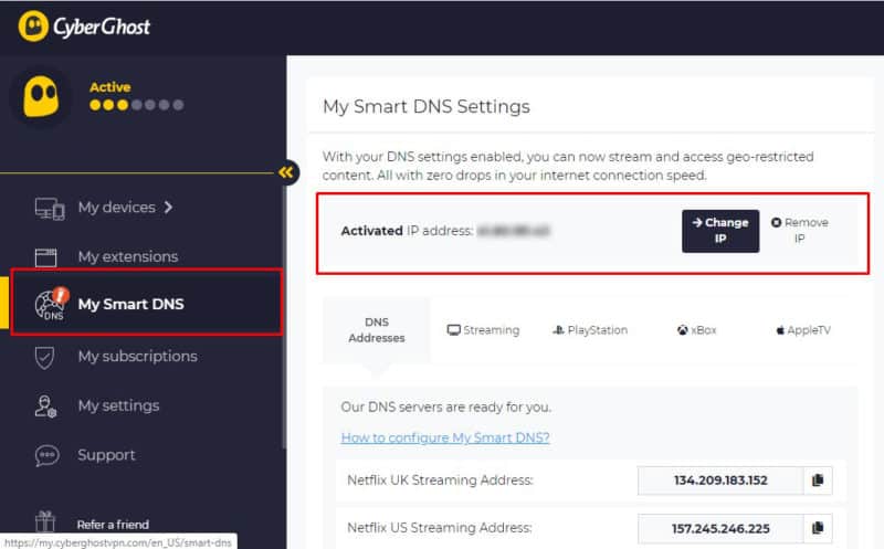 CyberGhost has a Smart DNS facility to change your IP
