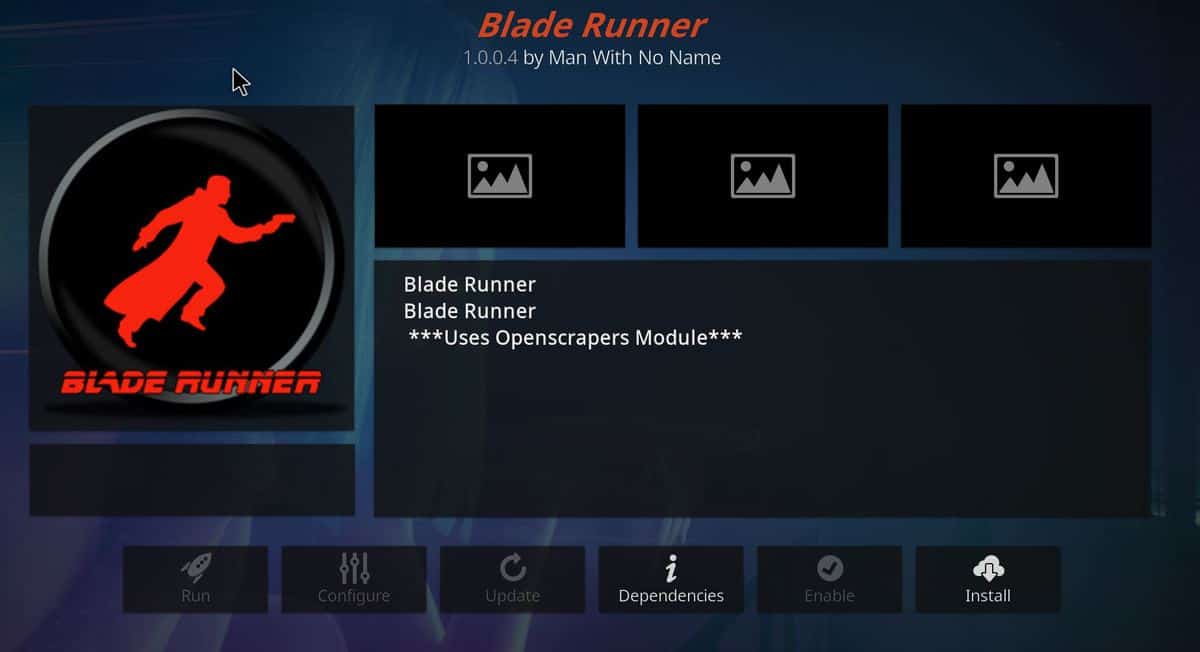 Press install button to install the Blade runner addon on your Kodi