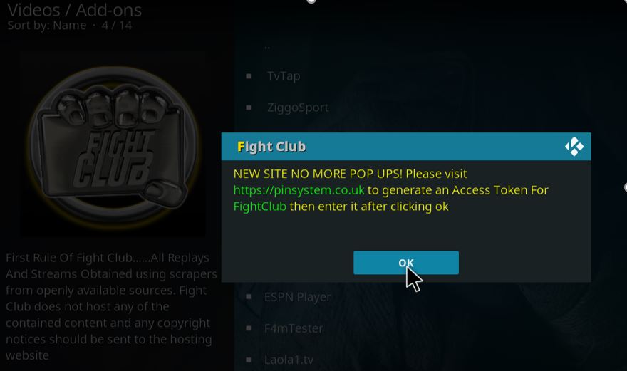 Après l'installation de l'extension Fight Club, vous aurez besoin d'un PIN