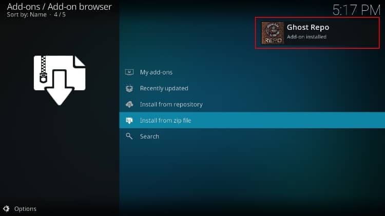 Successful install message of the Ghost repo on Kodi, required for the tvOne11 addon