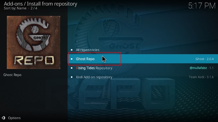 Select the Ghost repository to install the tvOne11 addon on Kodi