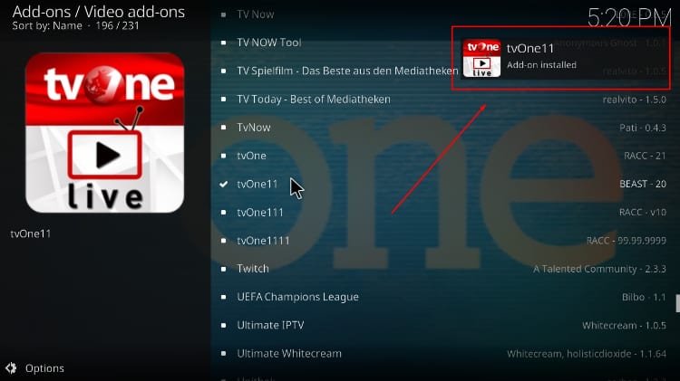Wait for the tvOne11 addon successful install message to pop-up on Kodi