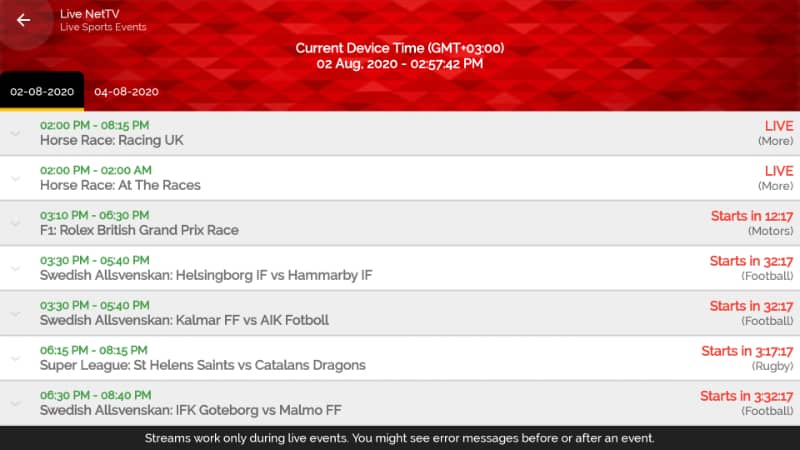 On Live NetTV live events section choose the event instead the TV channel to watch for free