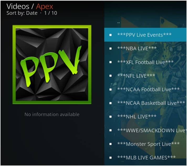 UFC PPV on Apex kodi Addon