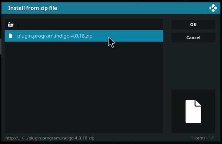 From Fusion, select the Indigo zip file to install the Addon on Kodi