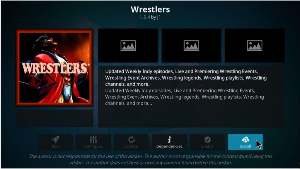 Hit Install button to continue installing the Wrestlers Addon on Kodi for Free