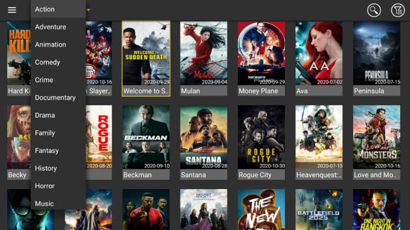Movie categories on Media Lounge interface