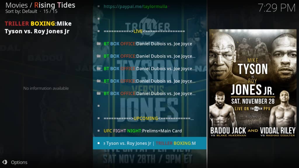 Mike Tyson vs Jones Jr event link on Rising Tides