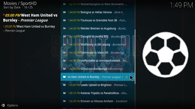 After the addon install on Kodi, enjoy the SportHD Interface