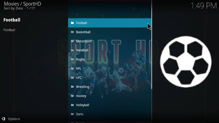 SportHD Interface Main Menu