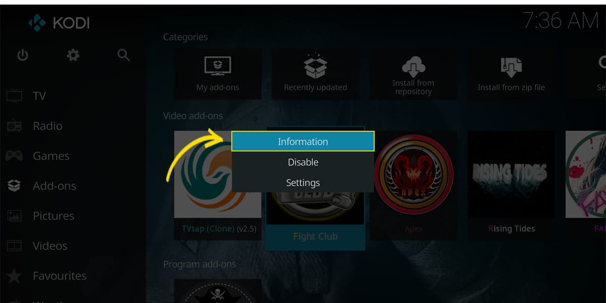 The information tab appears when you right-click on an add-on in Kodi