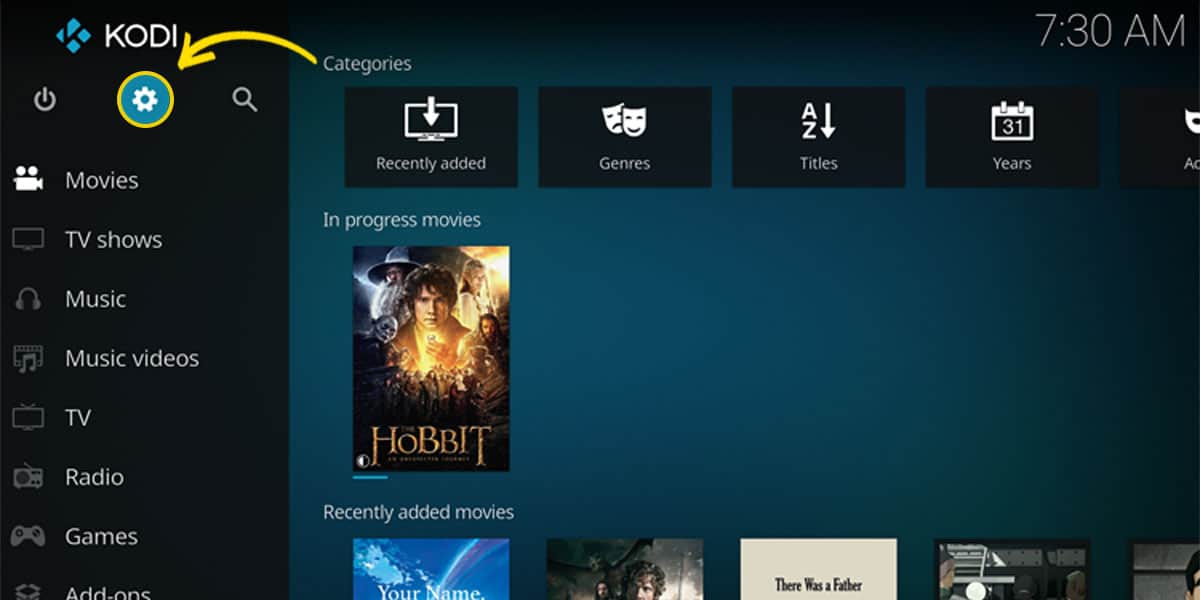 On Kodi's main menu, you can locate the cogwheel icon to access the settings section