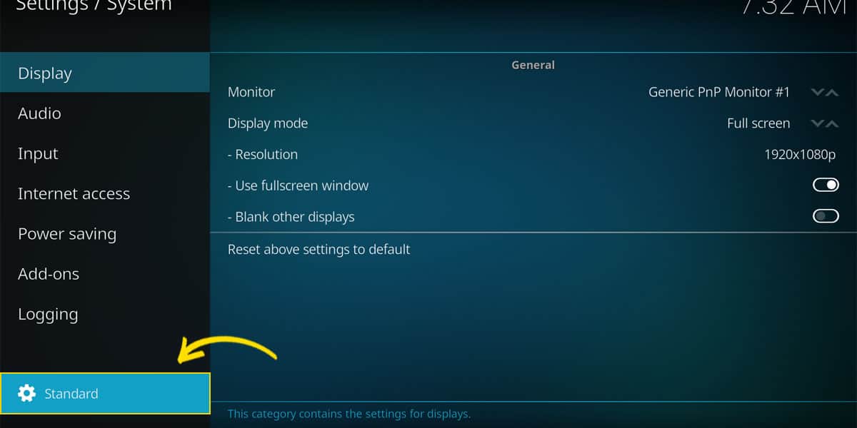 The button that switches between the settings level. Here with the Standard view