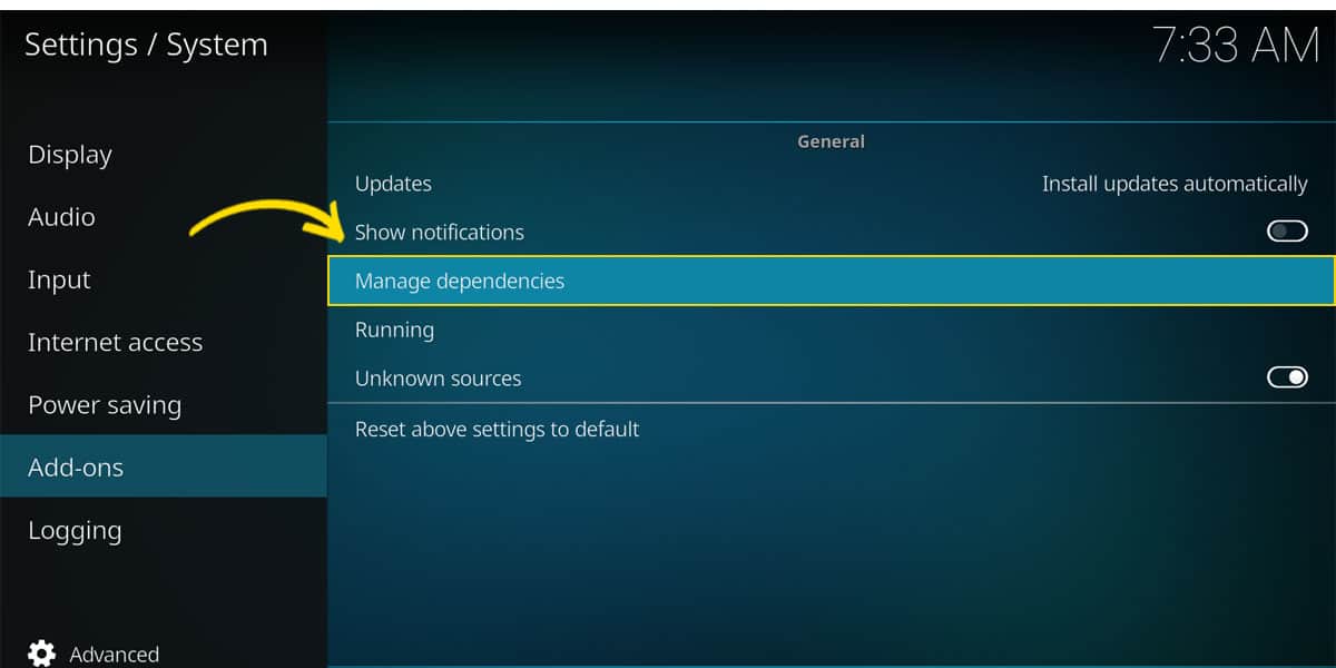 The section in Kodi's system settings, where you manage dependencies