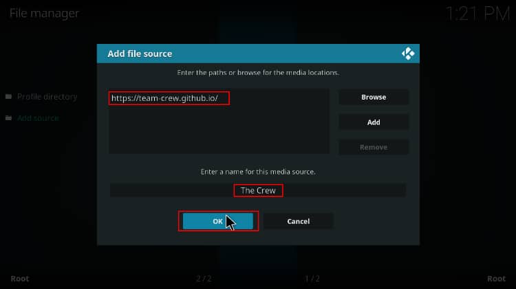 Enter the source URL to install the Crew Repo containing the Marvel Universe Kodi addon
