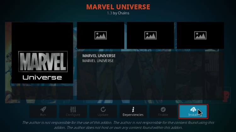 Hit install button to install Marvel Universe Addon on Kodi