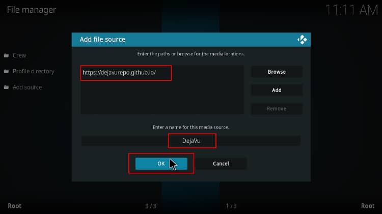 Ad the source URL for the DejaVu repo containing the addon Q Sports to install on Kodi