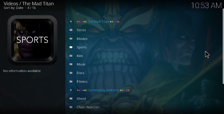 Install and enjoy the menu of The Mad Titan Kodi Addon