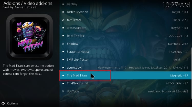 Select The Mad Titan Addon to install on Kodi