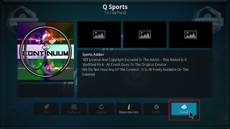 Hit the install button to start installing Q SportsAddon on Kodi