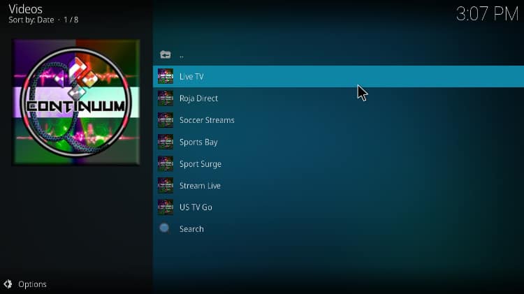 Categories on Q Sports addon after its install on Kodi