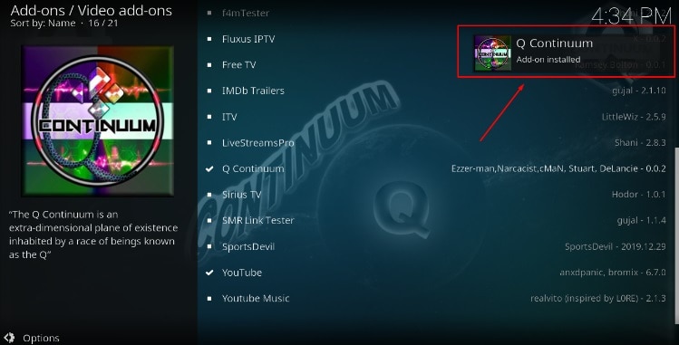 You'll receive a notification after Q Continuum Addon install on Kodi