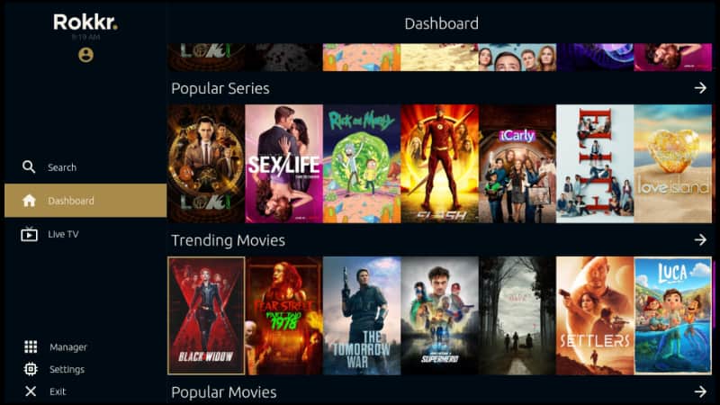 Movies & TV Shows on Rokkr after the APK install on Firestick or Android TV
