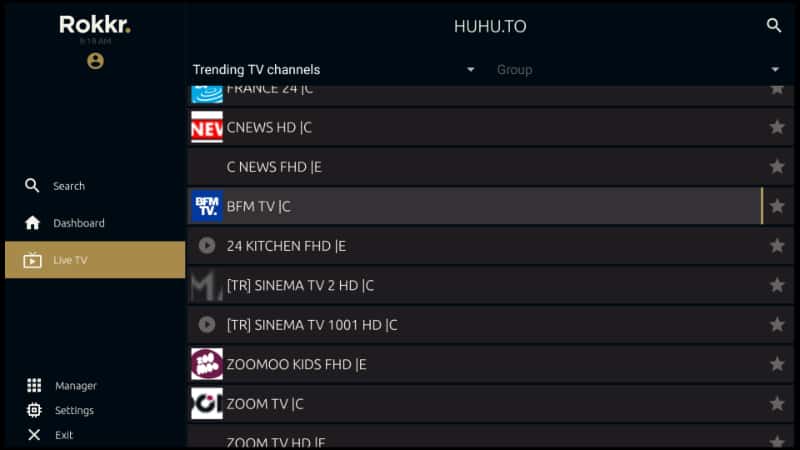 Live TV on Rokkr after the APK install on Firestick or Android TV