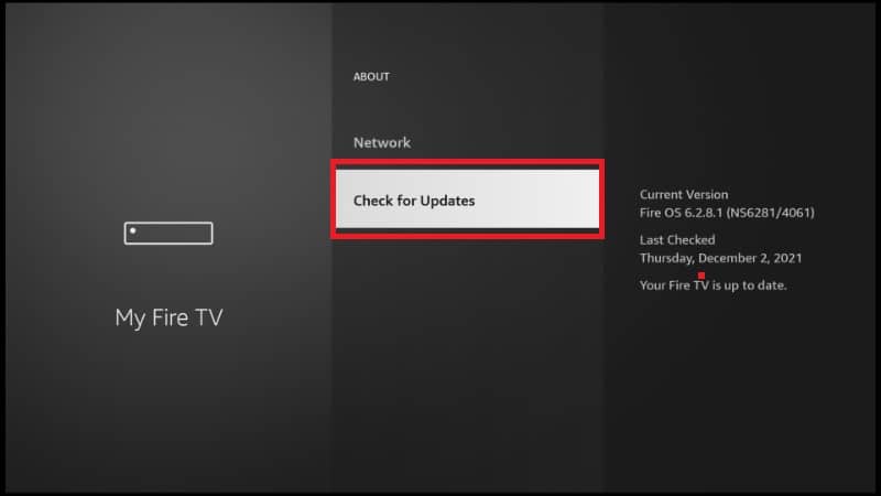 Click Check For Updates on Amazon Firestick as a way to solve Hulu is not working on Firestick problem