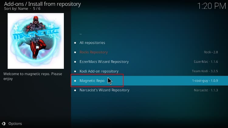 Select the Magnetic Repo, containing Nightwing addon, to install on Kodi