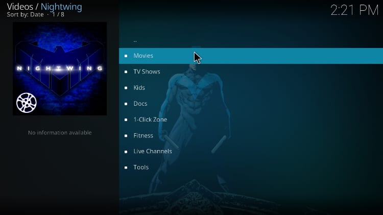 Nightwing Kodi Addon Menu