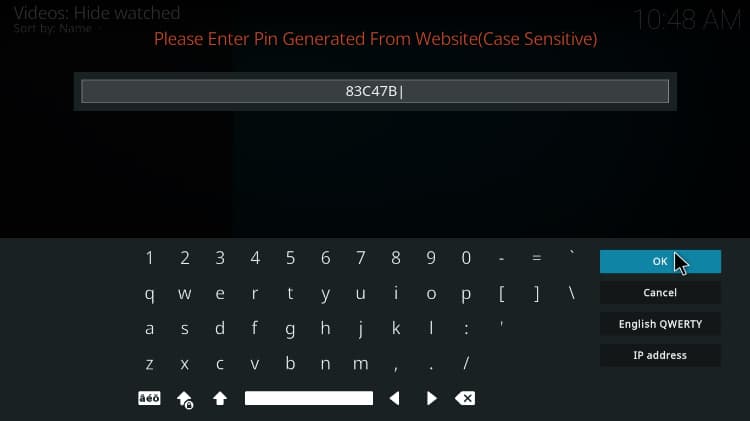 Enter a Pin Code to enter the EnterTain Me Kodi Addon