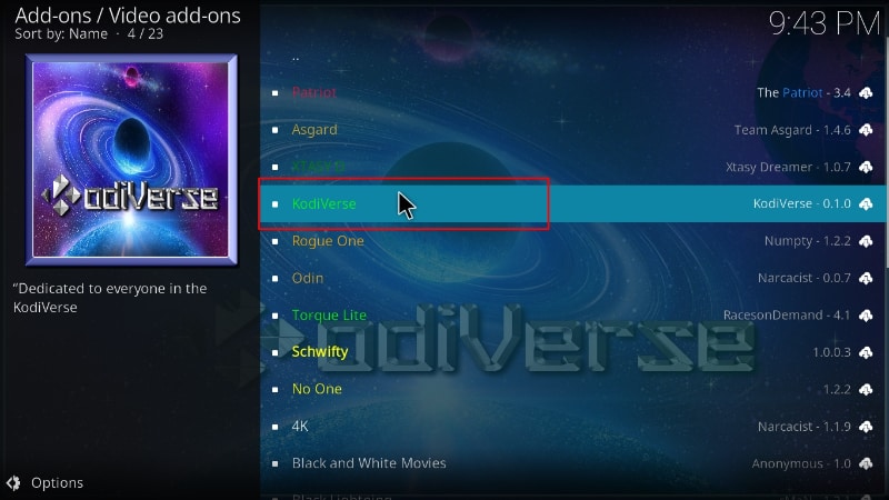 Select the KodiVerse addon in Narcicist Repo to install on Kodi