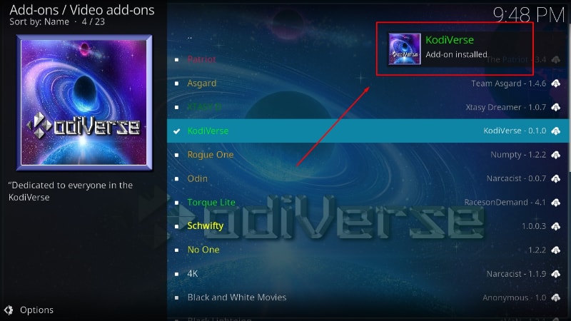 You'll receive a notification upon KodiVerse addon installation completes on Kodi